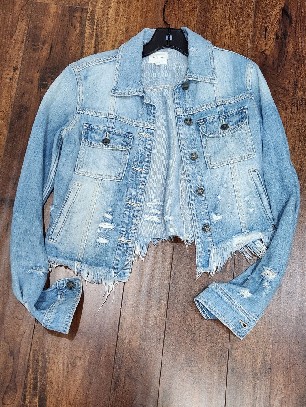 HIDDEN Distressed Light Wash Denim Jacket - Raw Hem XS JEAN JACKET.